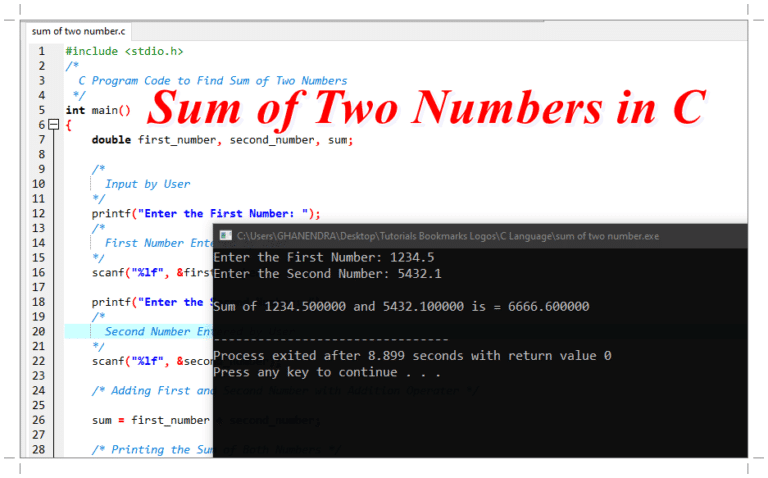 Program For Addition Of Two Numbers In C 