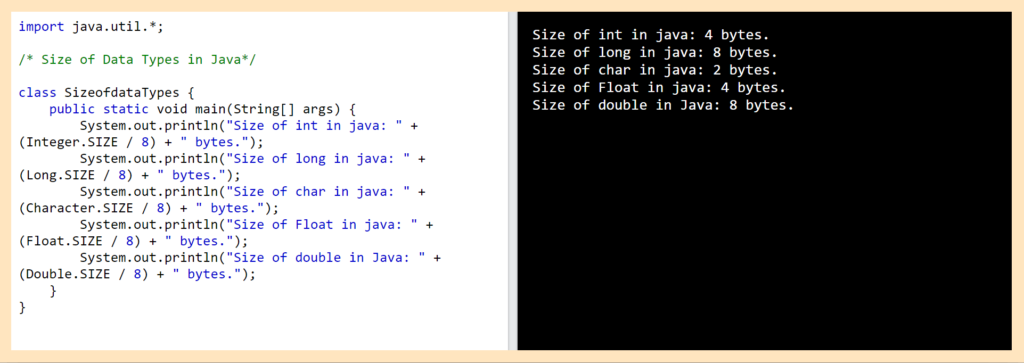 Size of Data Types in Java Output
